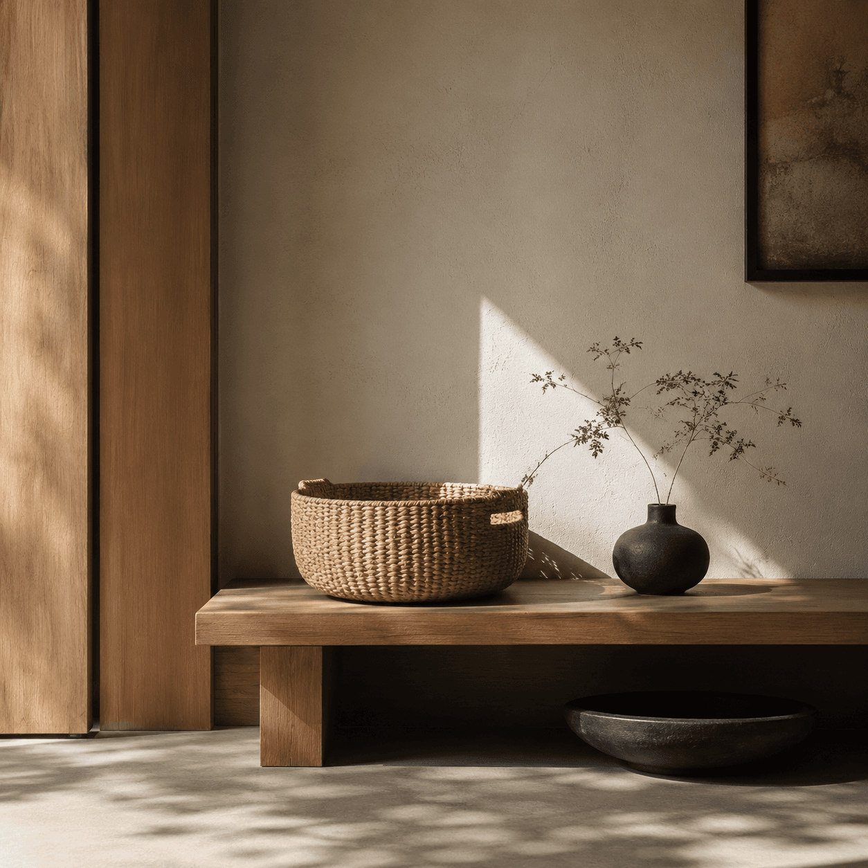Soft natural light falling across a wooden entryway shelf